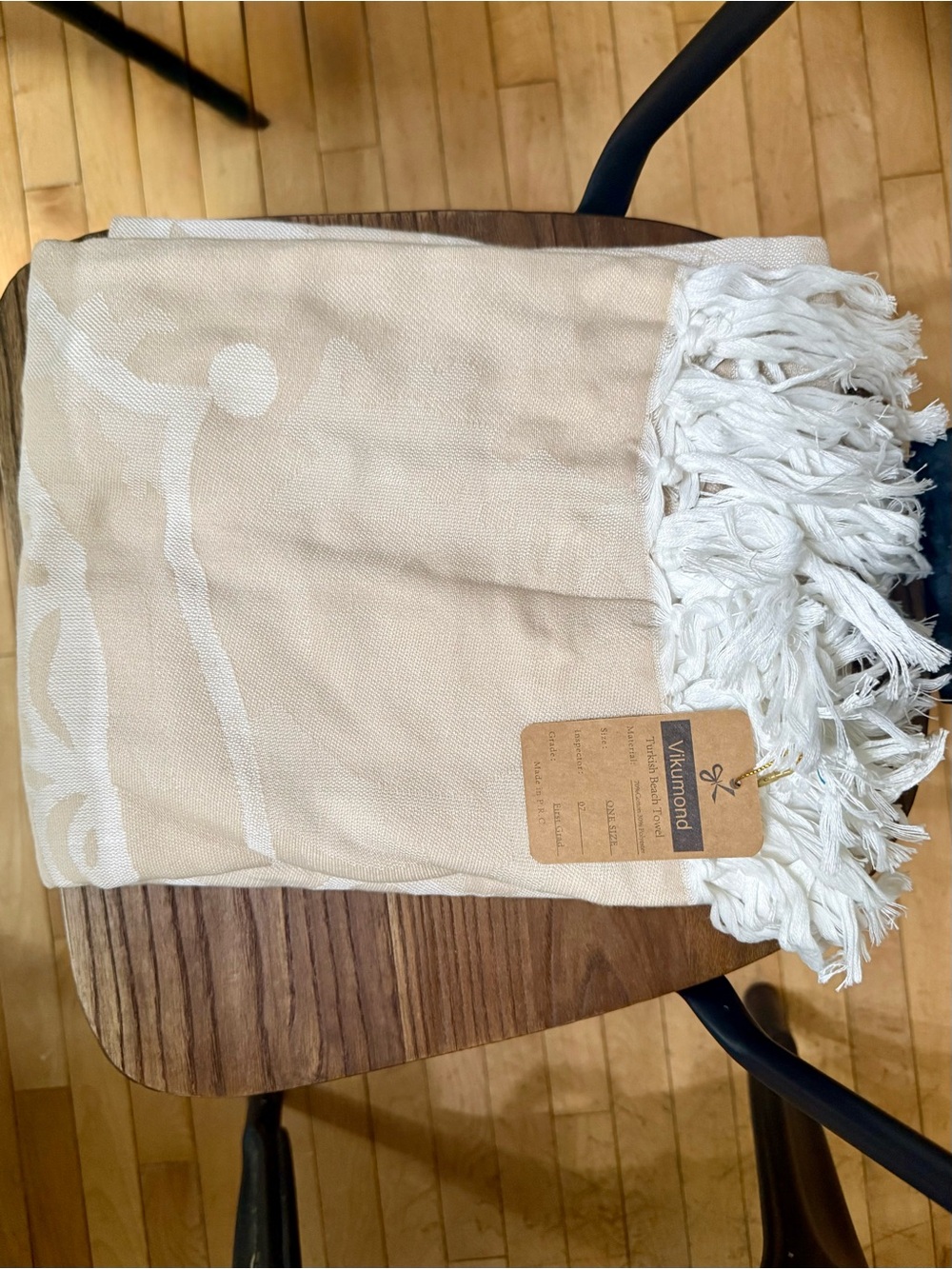 Vikumond Turkish Beach Towel Neutral Beige Woven Peshtemal Blanket Fringe - Picture 2 of 5
